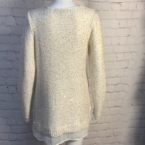 Marled Reunited Cream Sequin Embellished Chiffon Hem Long Sleeve Sweater Sz M - Picture 8 of 12